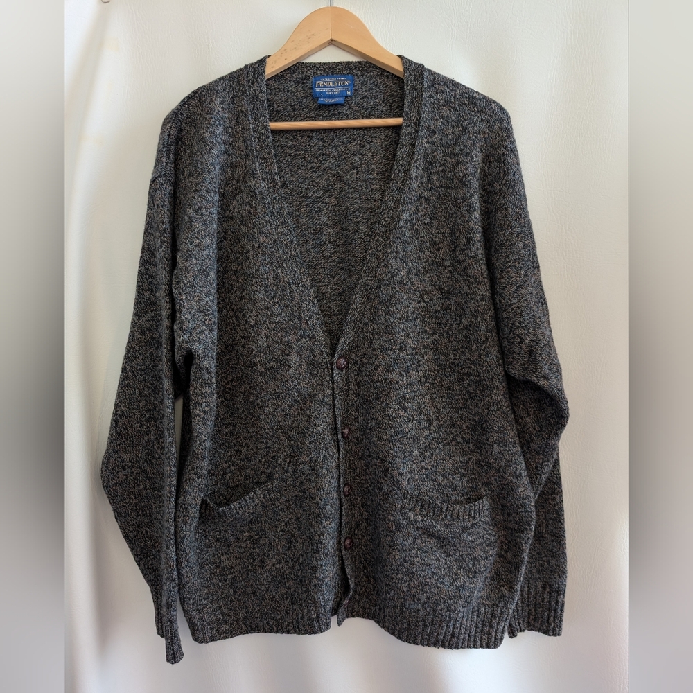 Pendleton Shetland Wool Marled Tan Grey V-Neck Button Up Cardigan - XL